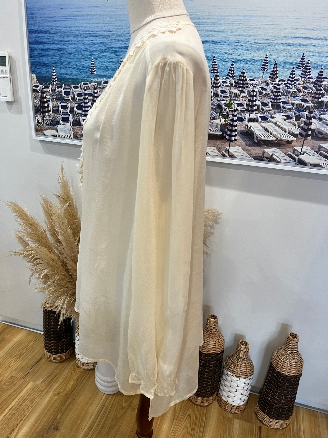 Cream Sheer Long Sleeve Blouse | Boho Lace Front Detail Size 12