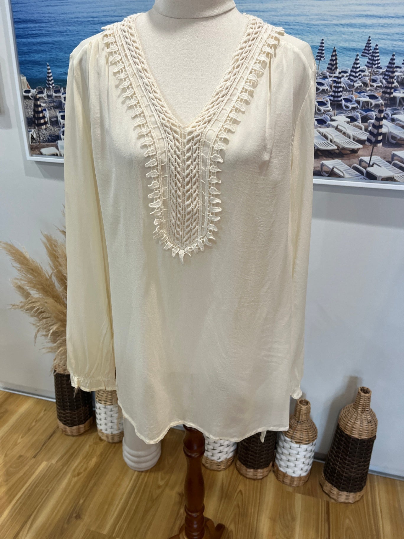 Cream Sheer Long Sleeve Blouse | Boho Lace Front Detail Size 12