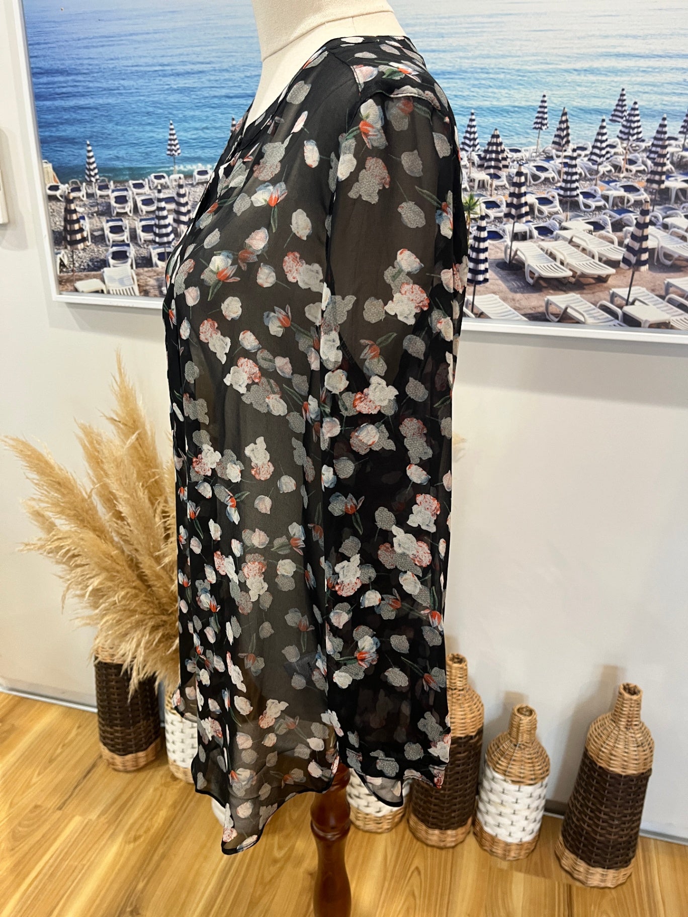 Ashley Fogel Black Floral Sheer Blouse with Buttons | Size 10