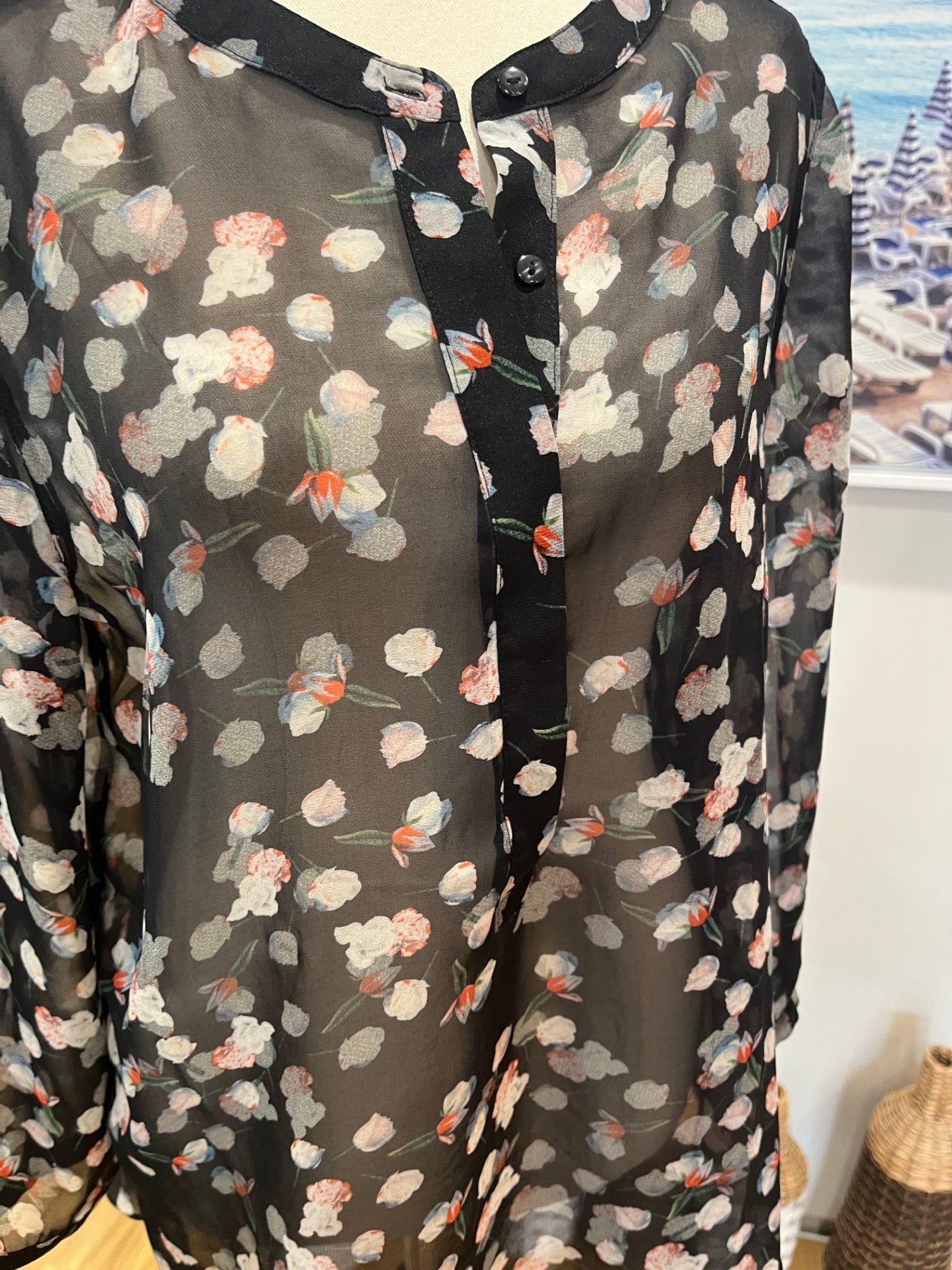 Ashley Fogel Black Floral Sheer Blouse with Buttons | Size 10