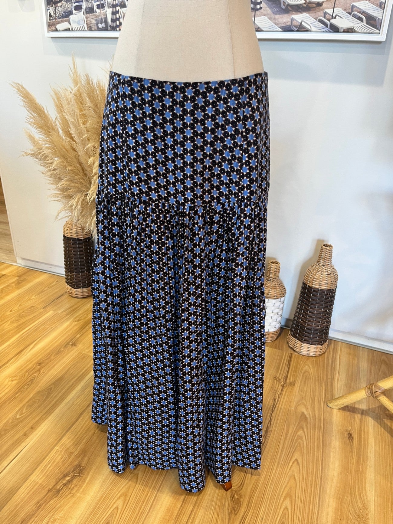 State of Play Tiered Skirt | Blue with Black Floral Print | Size 12
