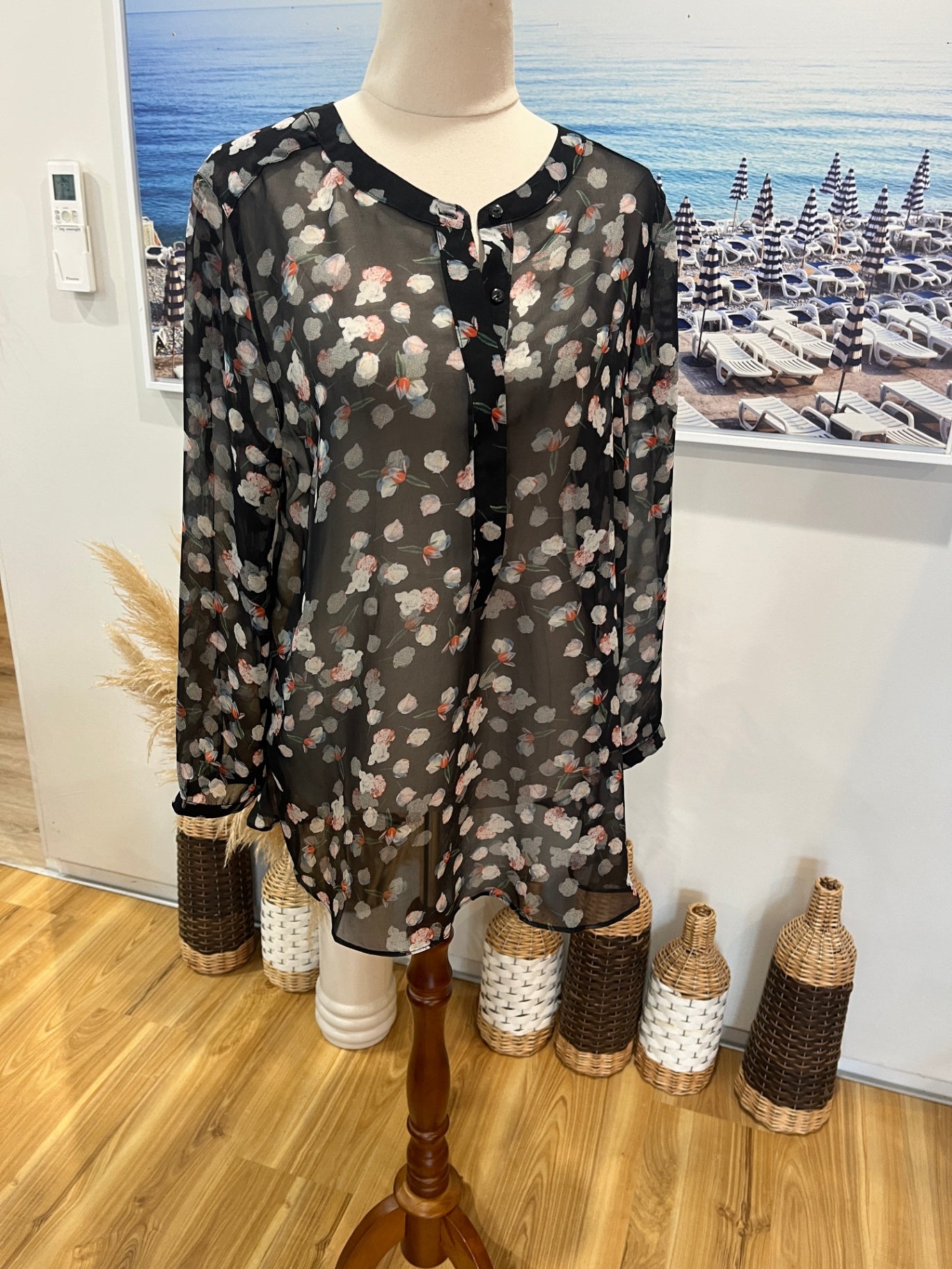 Ashley Fogel Black Floral Sheer Blouse with Buttons | Size 10