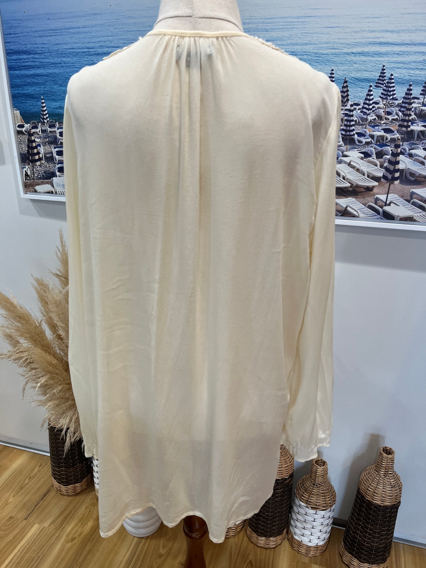 Cream Sheer Long Sleeve Blouse | Boho Lace Front Detail Size 12