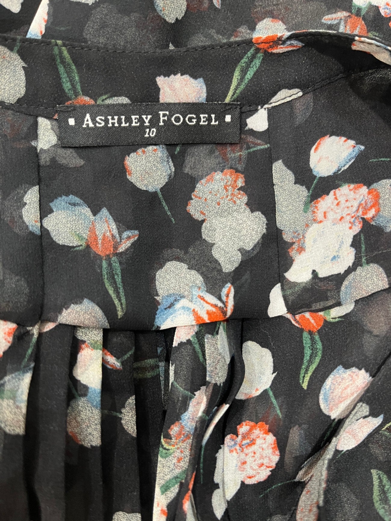 Ashley Fogel Black Floral Sheer Blouse with Buttons | Size 10