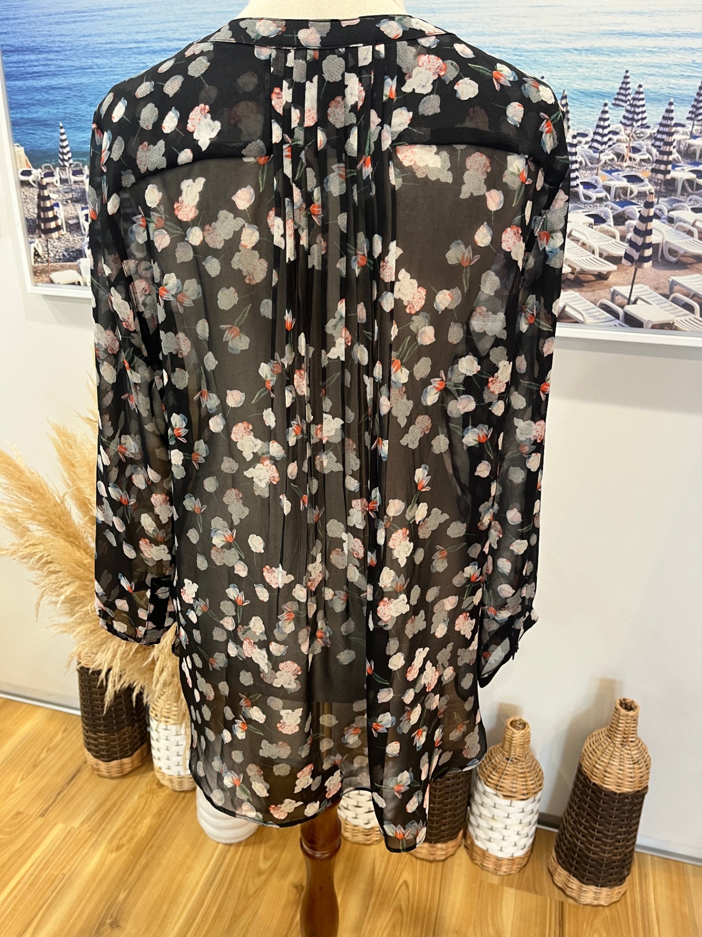 Ashley Fogel Black Floral Sheer Blouse with Buttons | Size 10