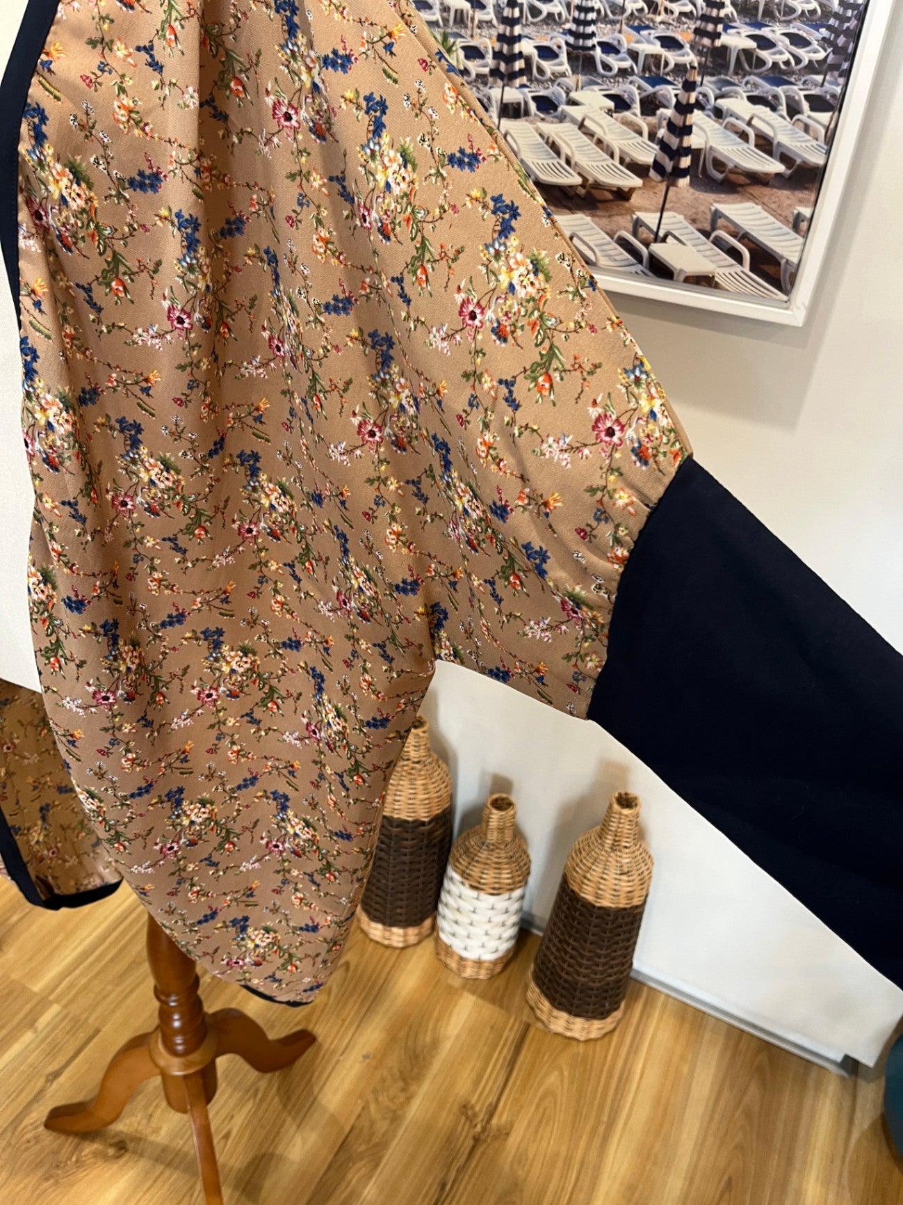 Ruby & Rain Kimono Style Top — M/L, Navy Knit Sleeves & Piping, Made in NZ