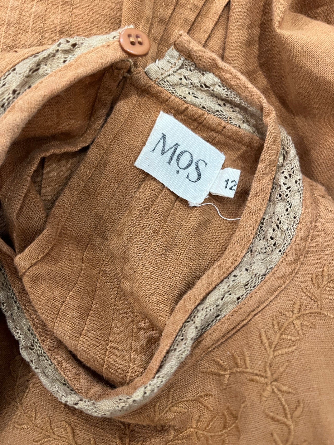 MOS Cotton & Linen Blend Boho Top — Size 12 Tan with Lace Front & Sleeve Details