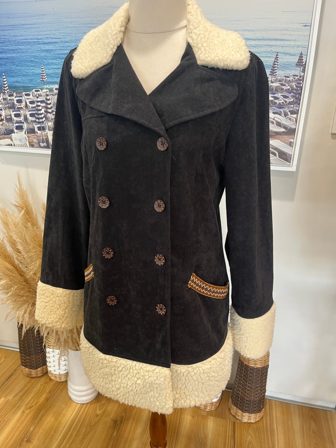 Ice Coat Medium Black with Cream Faux Wool Cuffs & Collar