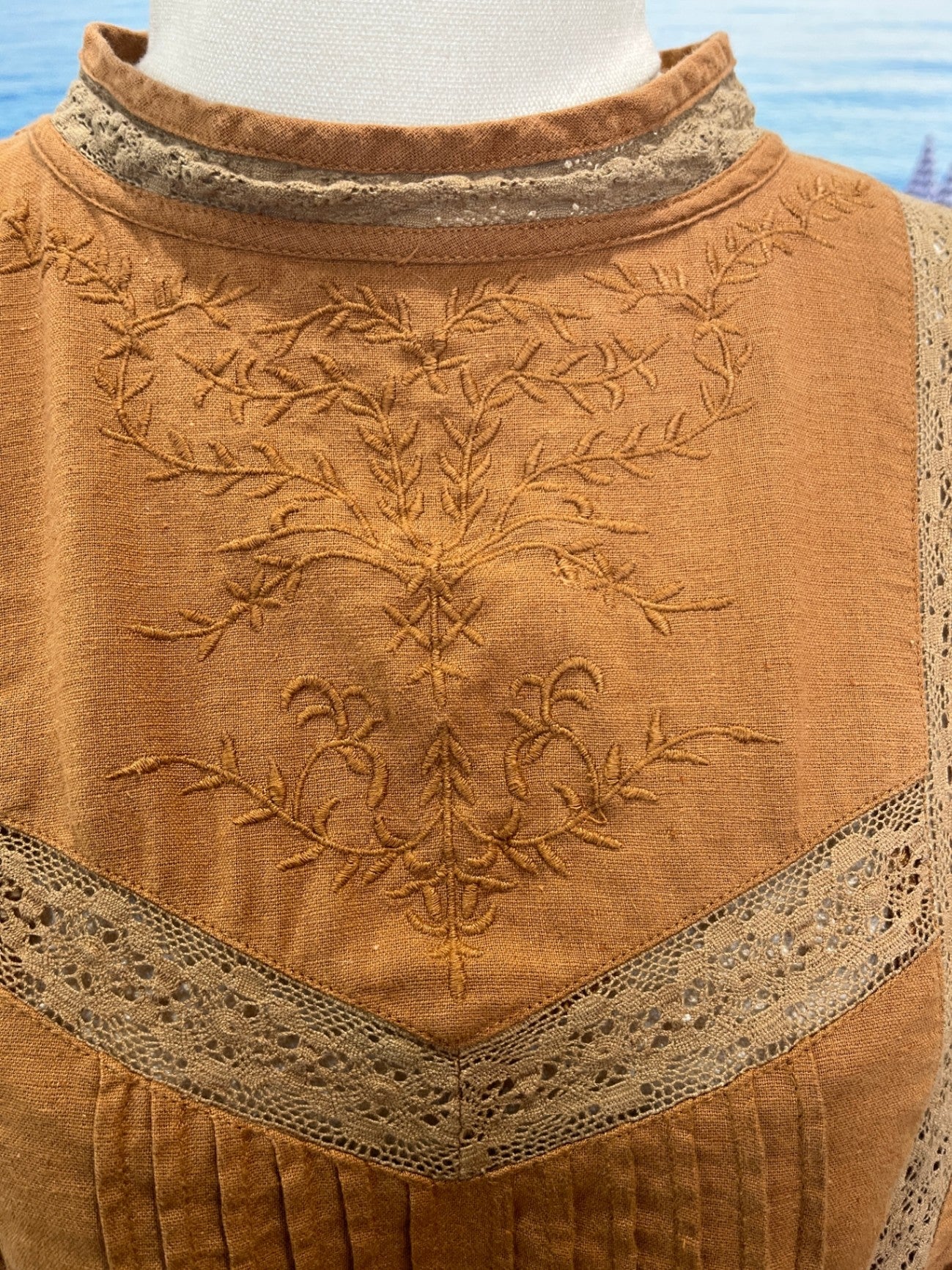 MOS Cotton & Linen Blend Boho Top — Size 12 Tan with Lace Front & Sleeve Details