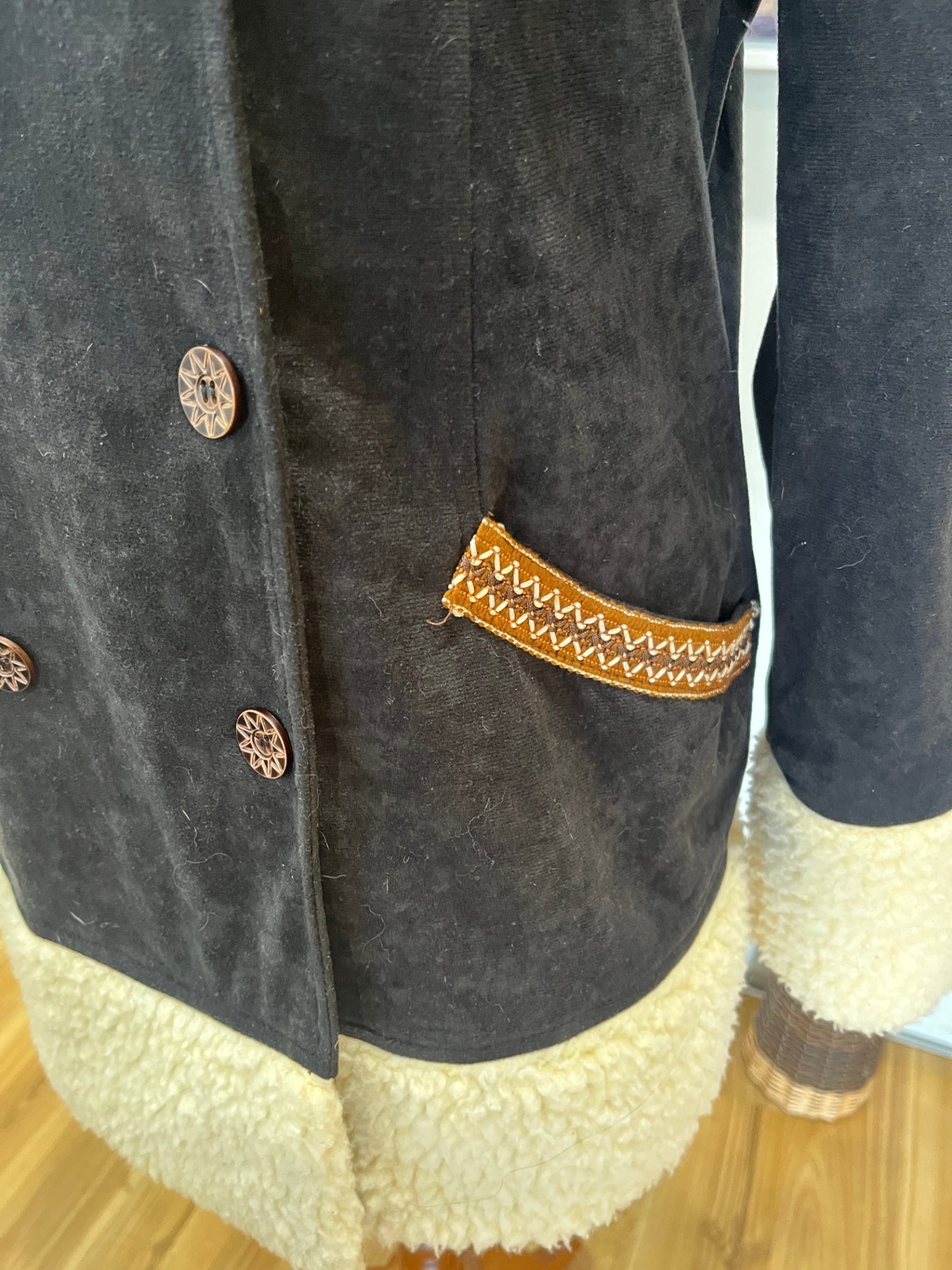 Ice Coat Medium Black with Cream Faux Wool Cuffs & Collar