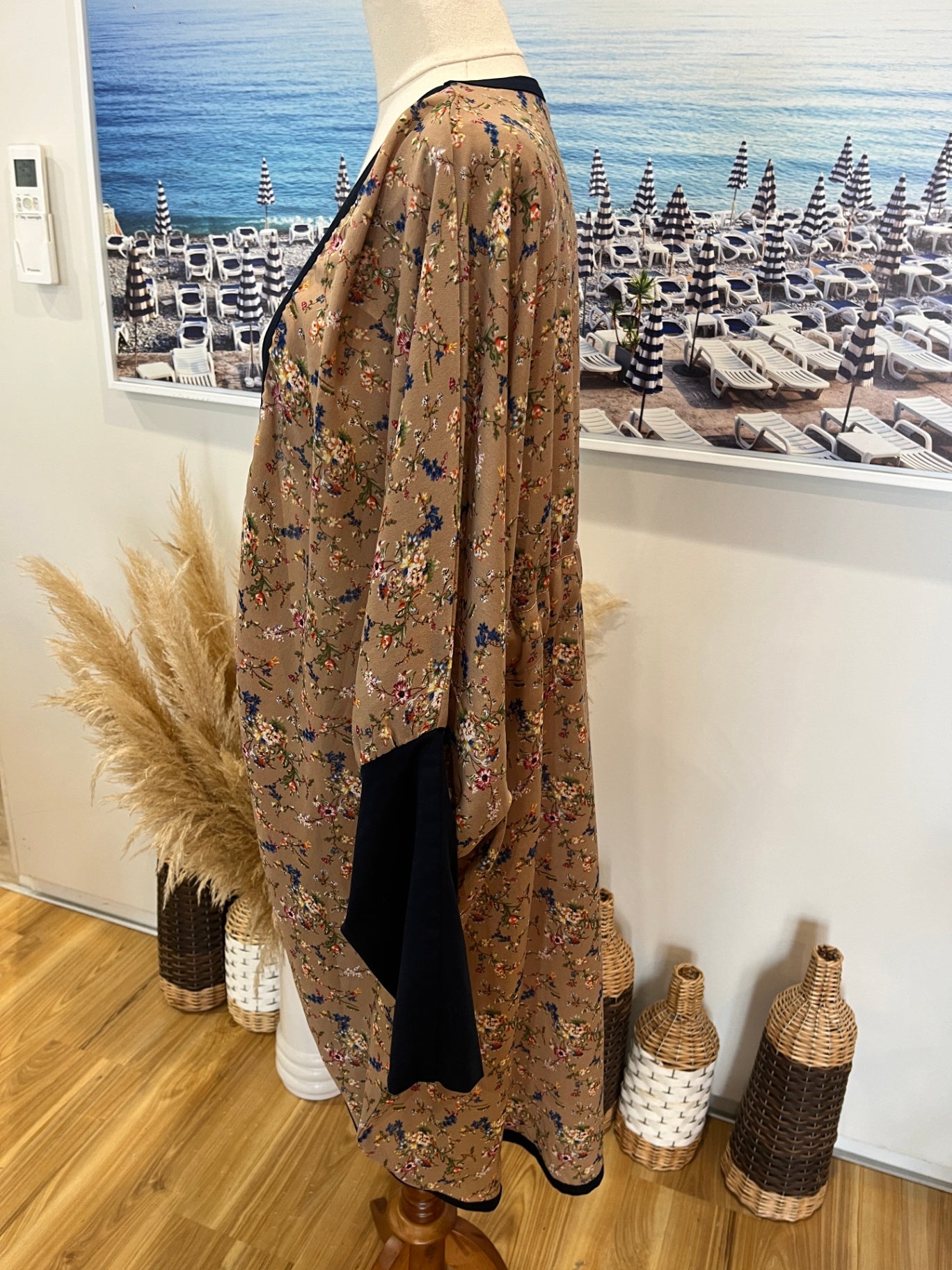 Ruby & Rain Kimono Style Top — M/L, Navy Knit Sleeves & Piping, Made in NZ