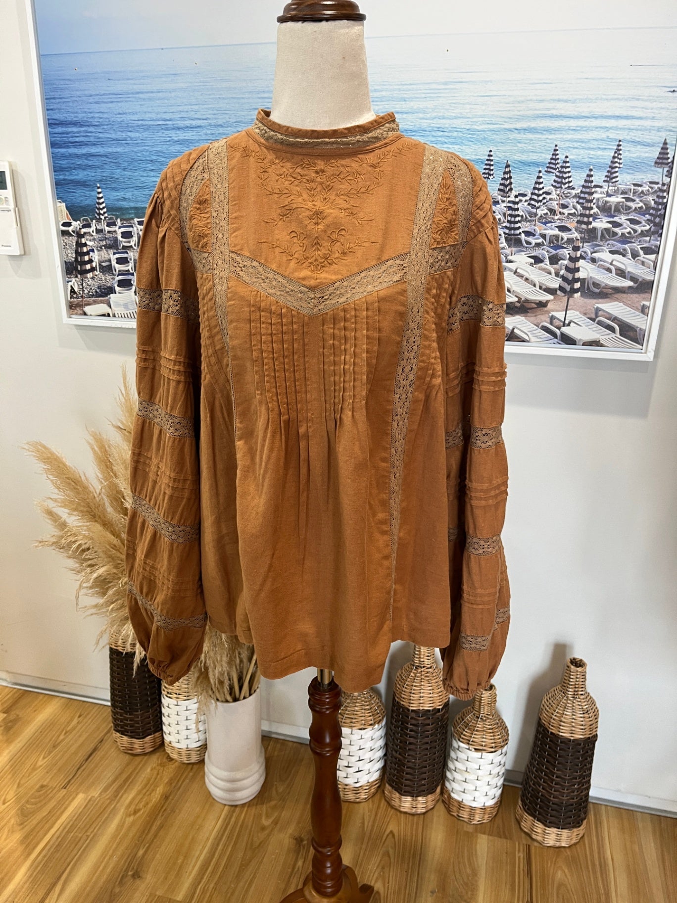 MOS Cotton & Linen Blend Boho Top — Size 12 Tan with Lace Front & Sleeve Details