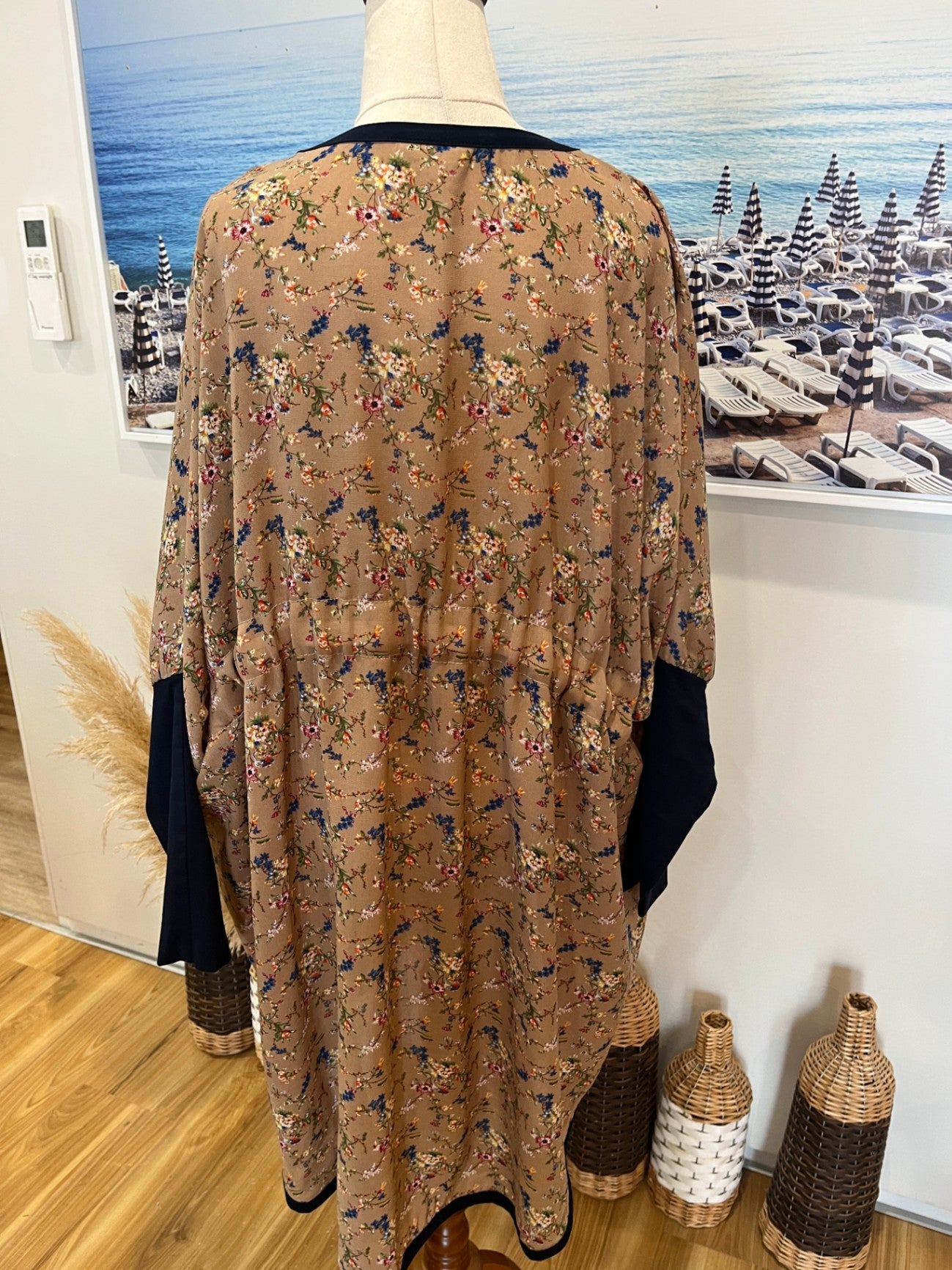 Ruby & Rain Kimono Style Top — M/L, Navy Knit Sleeves & Piping, Made in NZ
