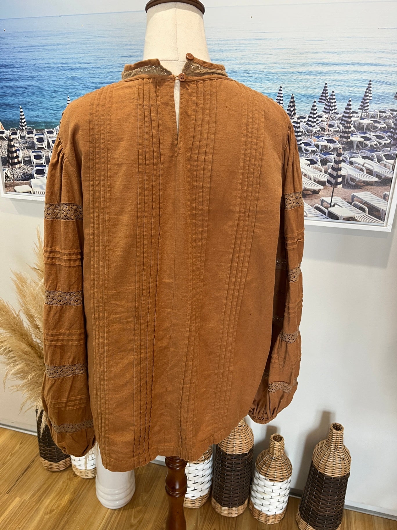 MOS Cotton & Linen Blend Boho Top — Size 12 Tan with Lace Front & Sleeve Details