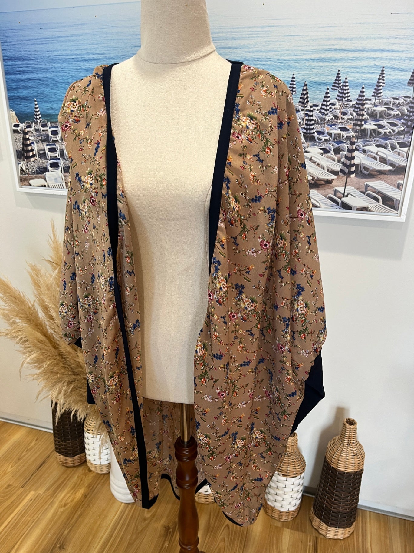 Ruby & Rain Kimono Style Top — M/L, Navy Knit Sleeves & Piping, Made in NZ