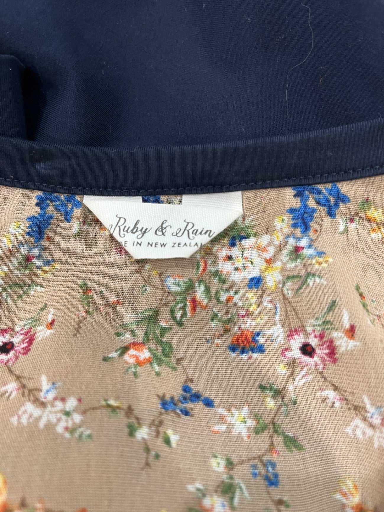 Ruby & Rain Kimono Style Top — M/L, Navy Knit Sleeves & Piping, Made in NZ