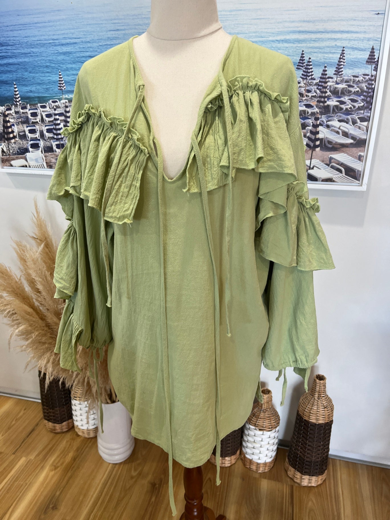 Belleito Pirate Style Top Lime Green Shirt Size L