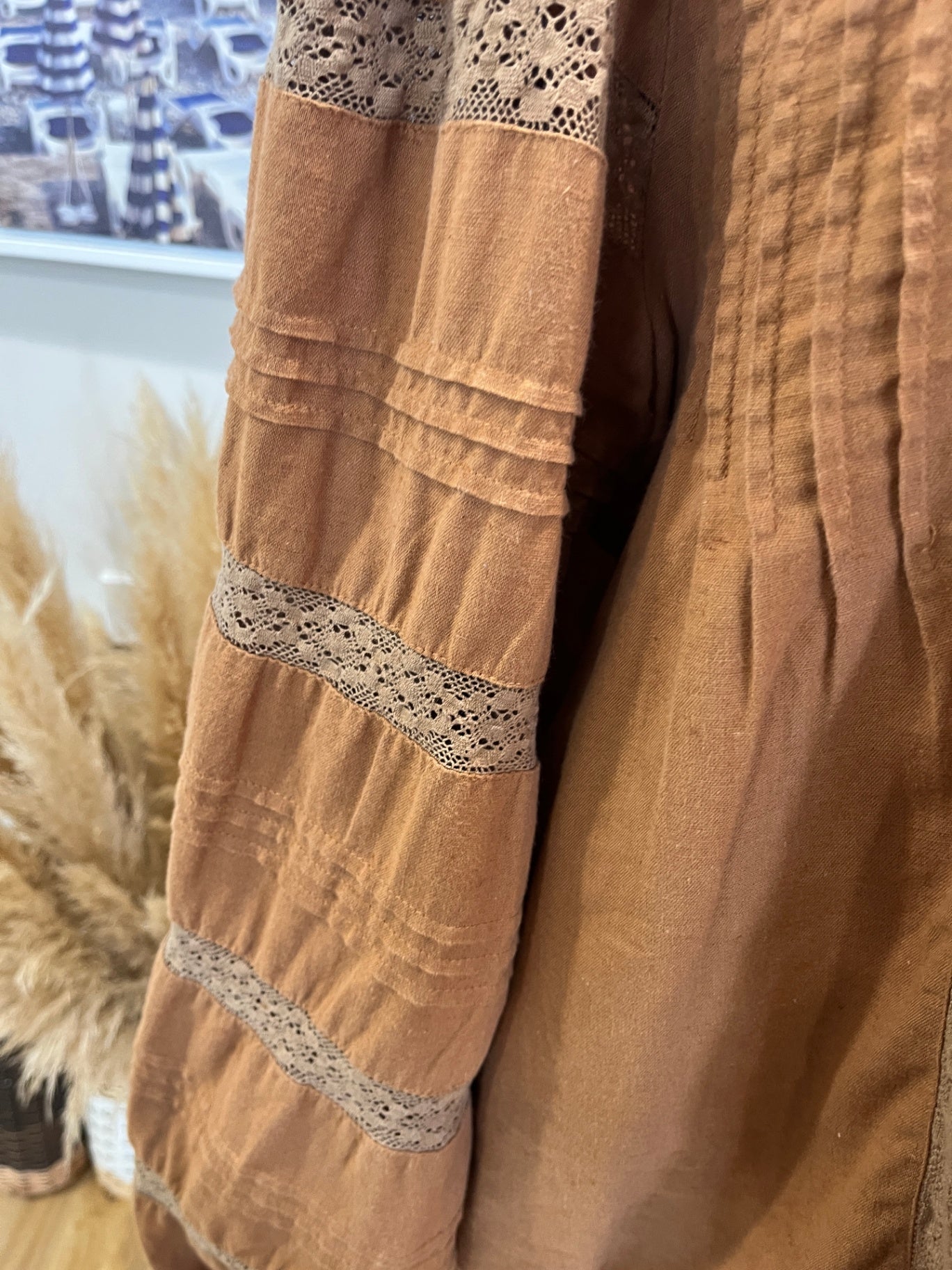 MOS Cotton & Linen Blend Boho Top — Size 12 Tan with Lace Front & Sleeve Details
