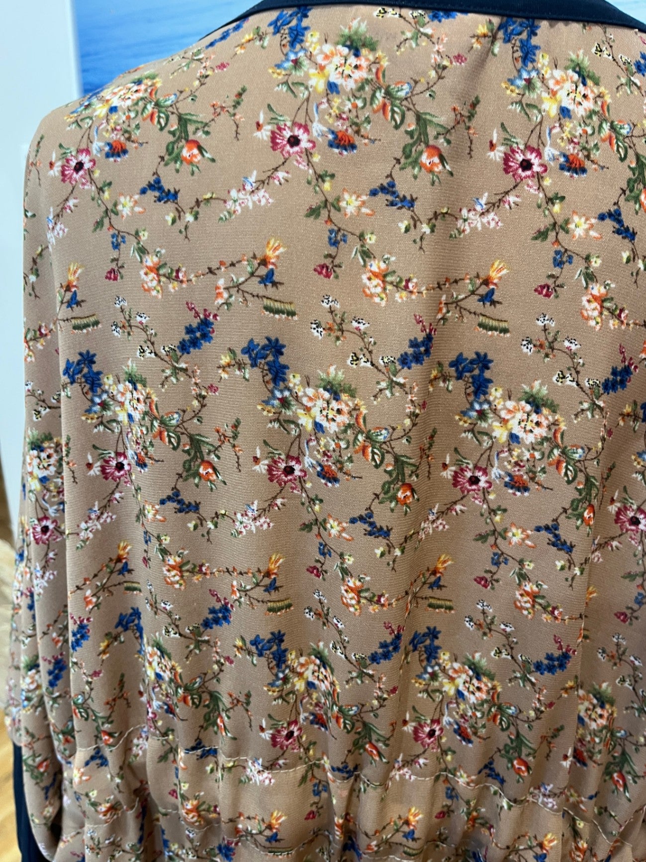 Ruby & Rain Kimono Style Top — M/L, Navy Knit Sleeves & Piping, Made in NZ