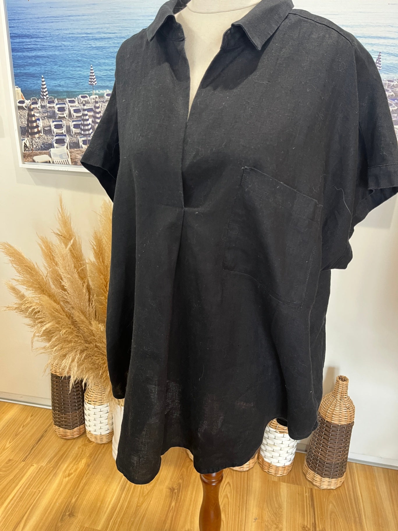 Zest Shirt — Size 14 Black Pull-On Short Sleeve 100% Linen