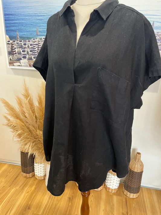 Zest Shirt — Size 14 Black Pull-On Short Sleeve 100% Linen