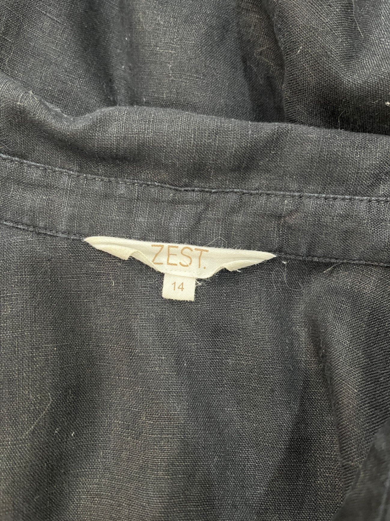 Zest Shirt — Size 14 Black Pull-On Short Sleeve 100% Linen