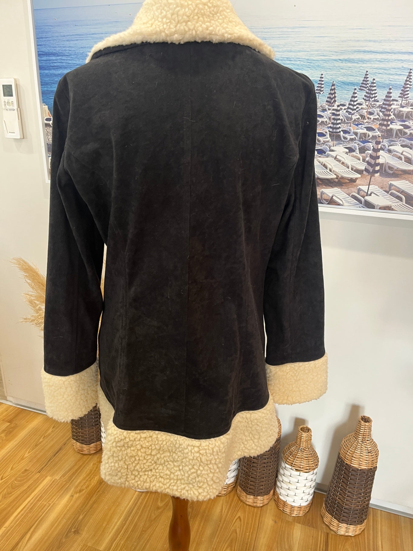 Ice Coat Medium Black with Cream Faux Wool Cuffs & Collar