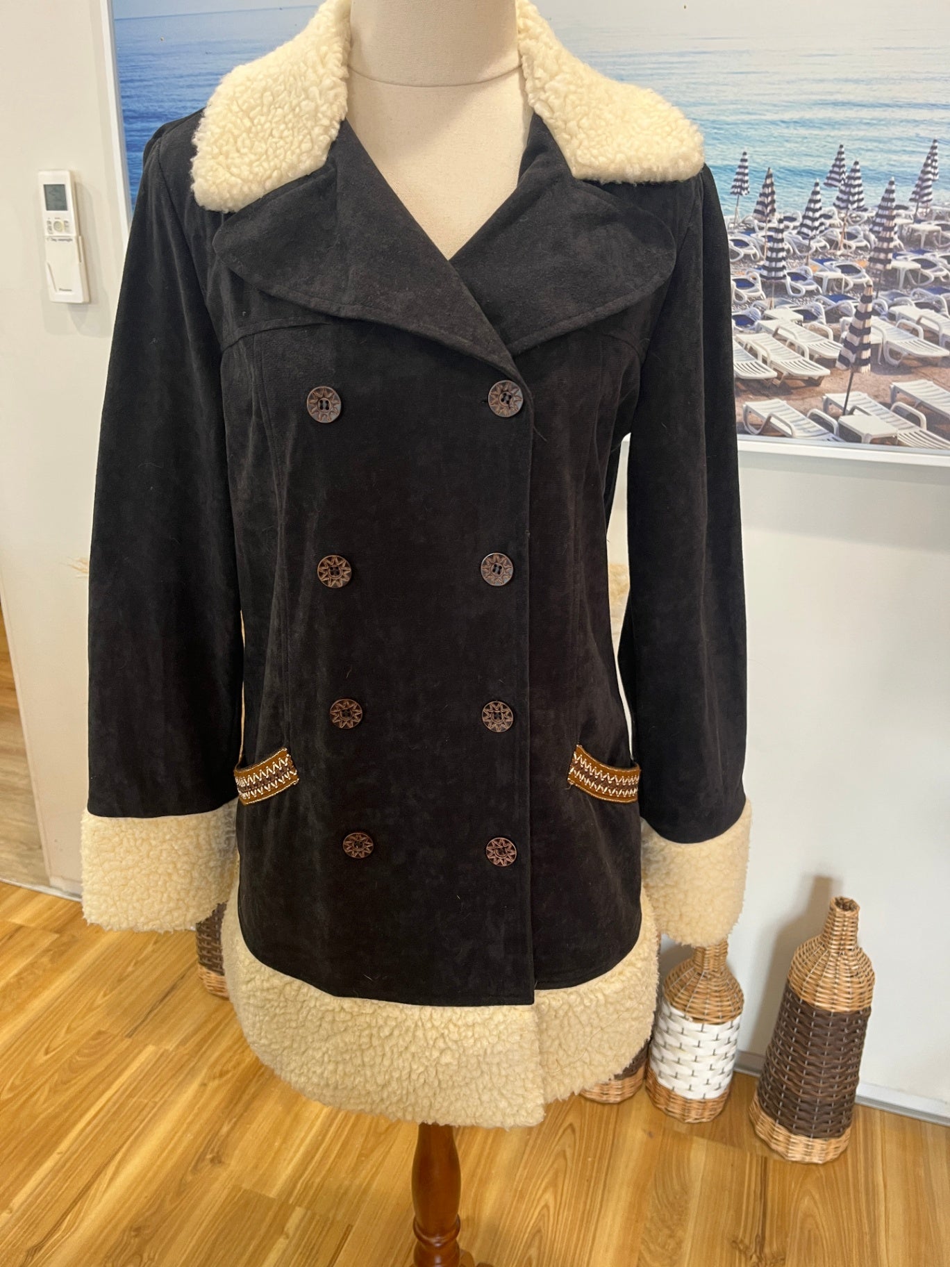 Ice Coat Medium Black with Cream Faux Wool Cuffs & Collar