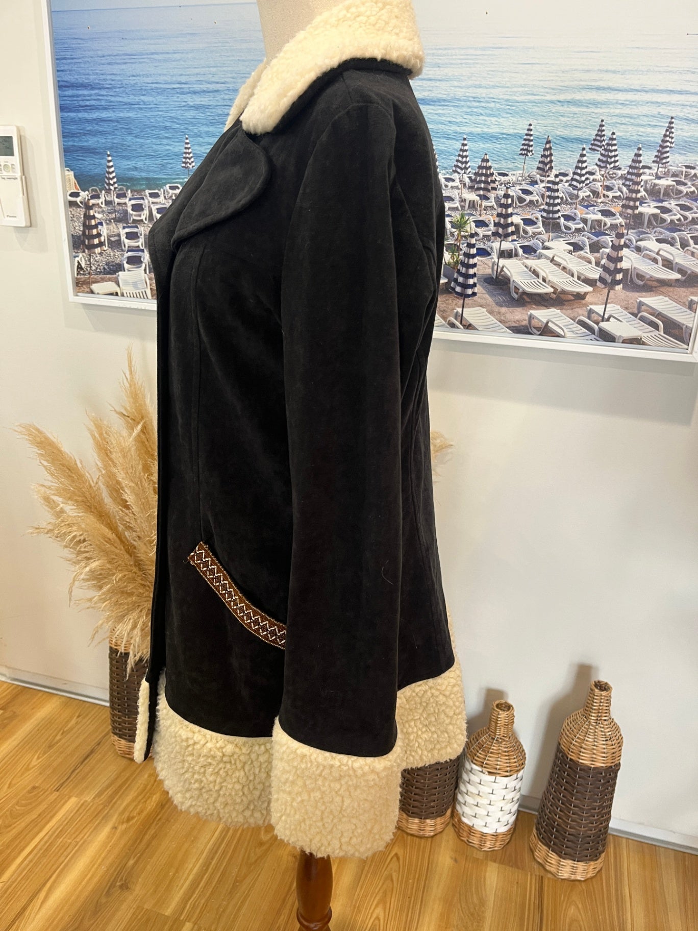 Ice Coat Medium Black with Cream Faux Wool Cuffs & Collar