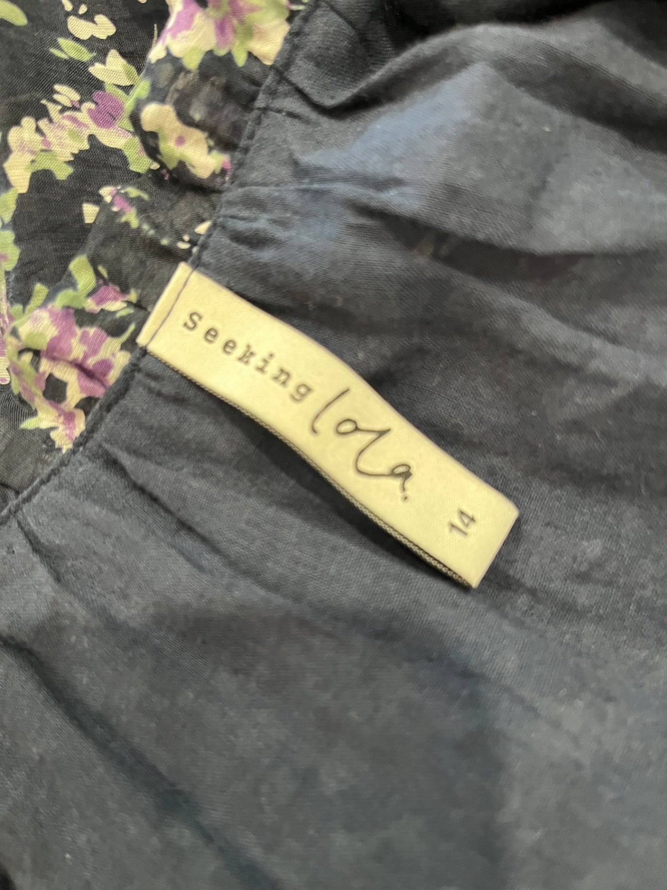 Seeking Lola Boho Maxi Dress — Blue & Purple Floral | Size 14 | Long Sleeve, Tiered Style & Tie Belt