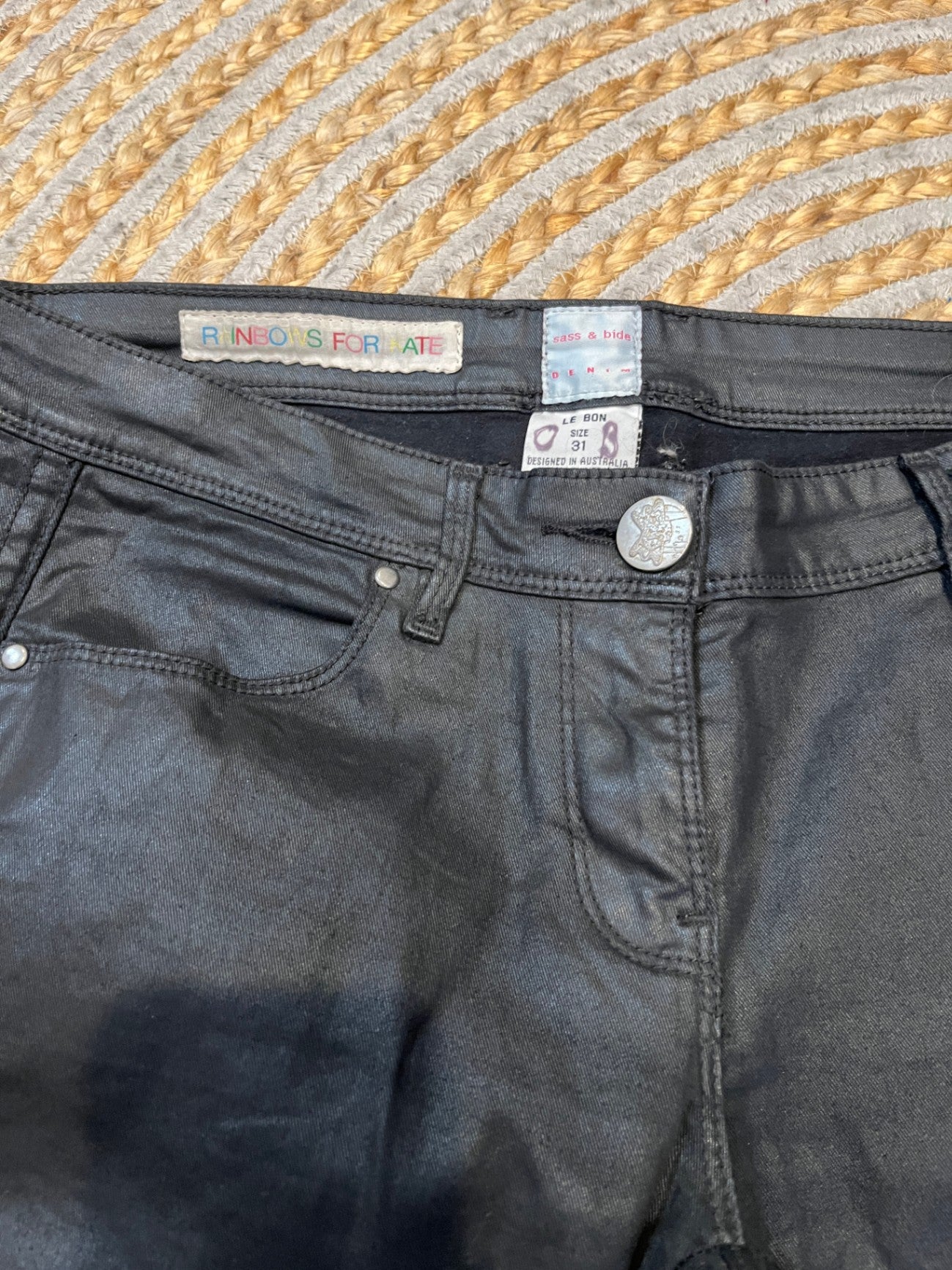 Sass & Bide Shiny Black Denim Jeans — Size 12 | Statement Style