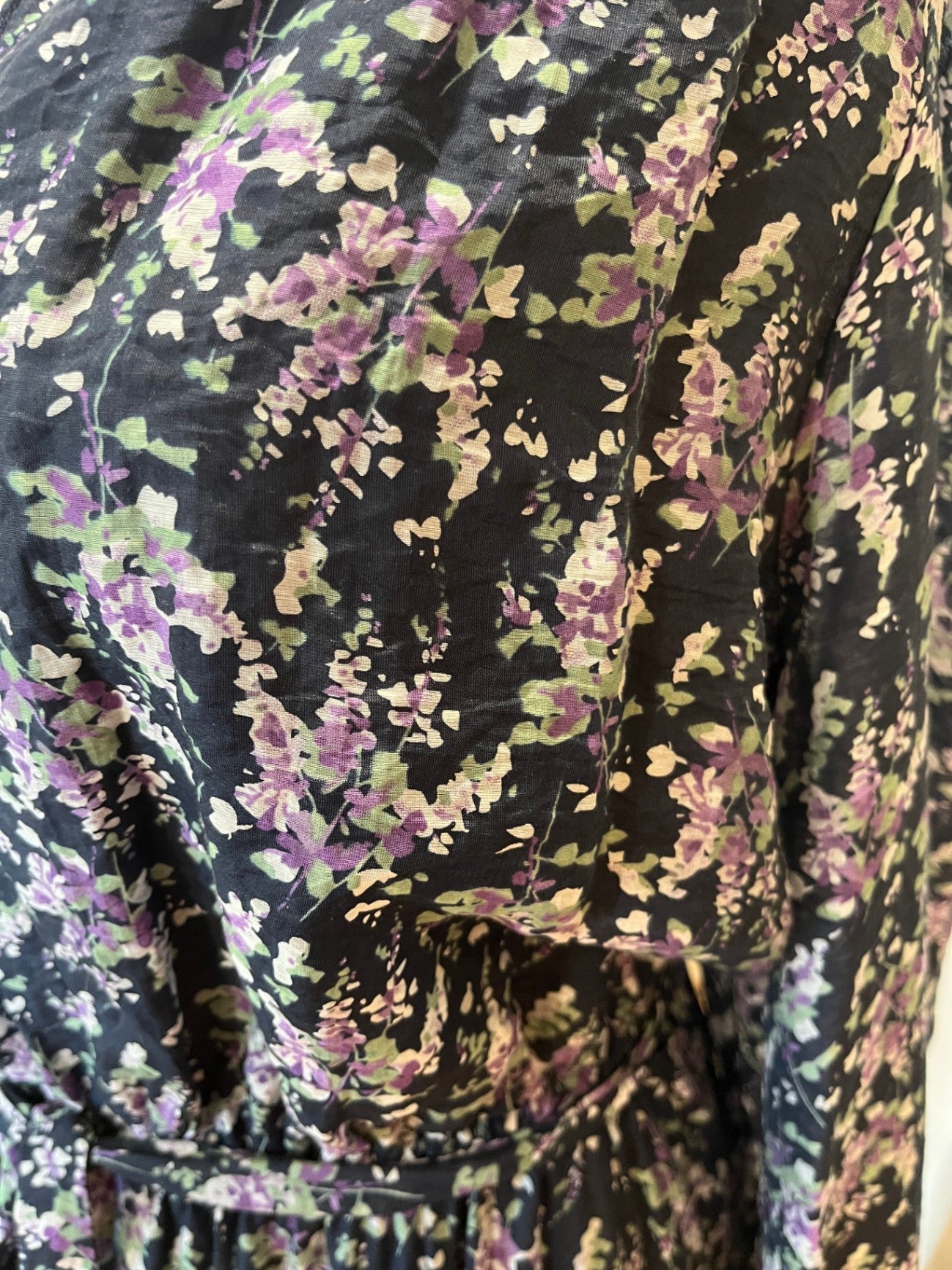 Seeking Lola Boho Maxi Dress — Blue & Purple Floral | Size 14 | Long Sleeve, Tiered Style & Tie Belt