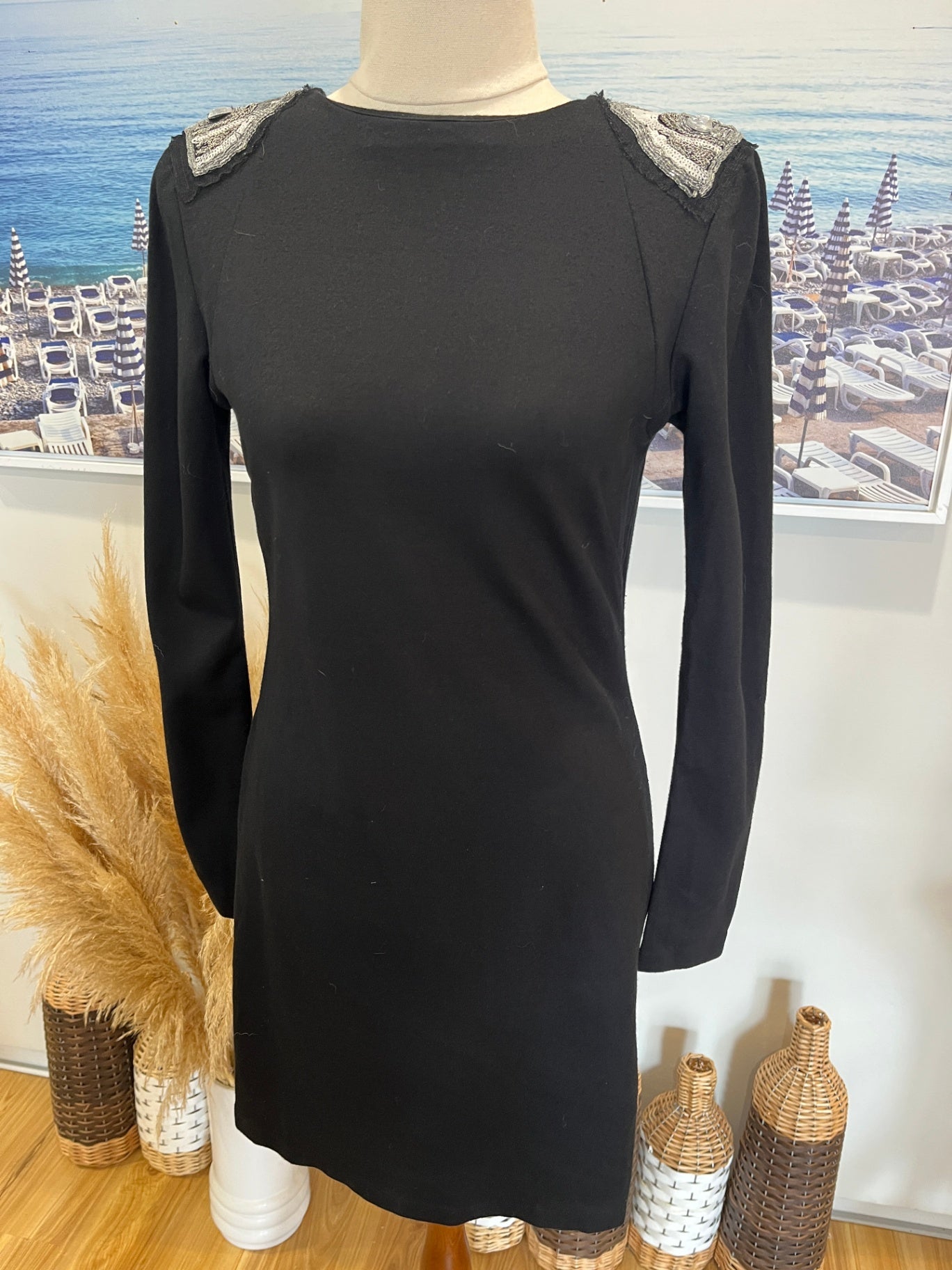 Moochi Black Dress — Size 10 | Statement Sequin Shoulder Detail