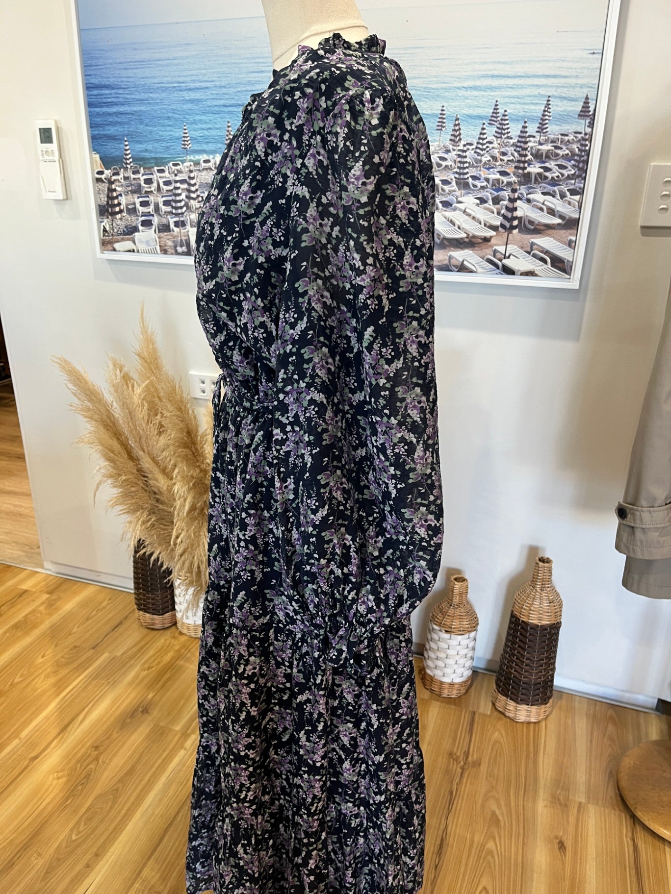 Seeking Lola Boho Maxi Dress — Blue & Purple Floral | Size 14 | Long Sleeve, Tiered Style & Tie Belt