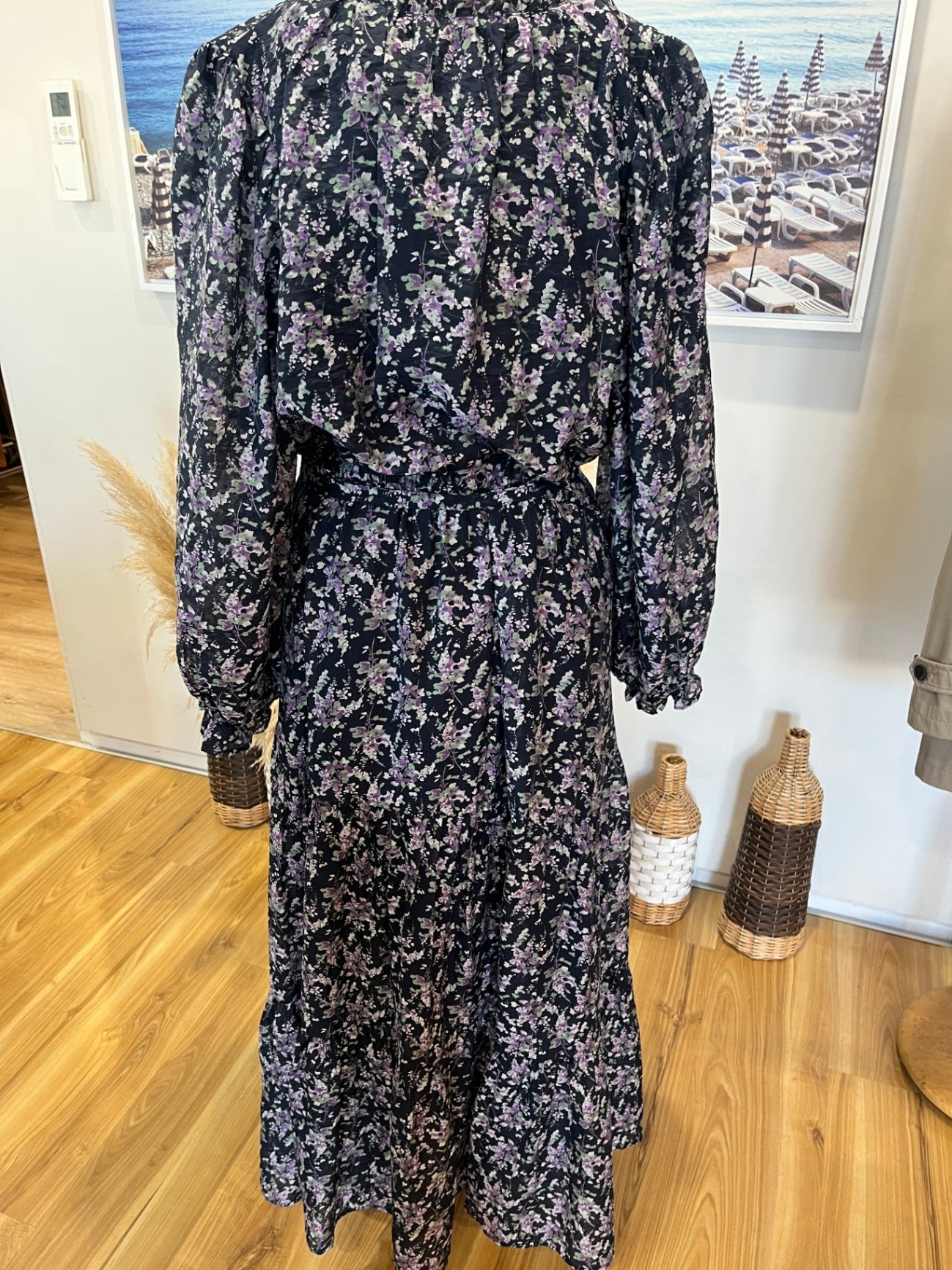 Seeking Lola Boho Maxi Dress — Blue & Purple Floral | Size 14 | Long Sleeve, Tiered Style & Tie Belt