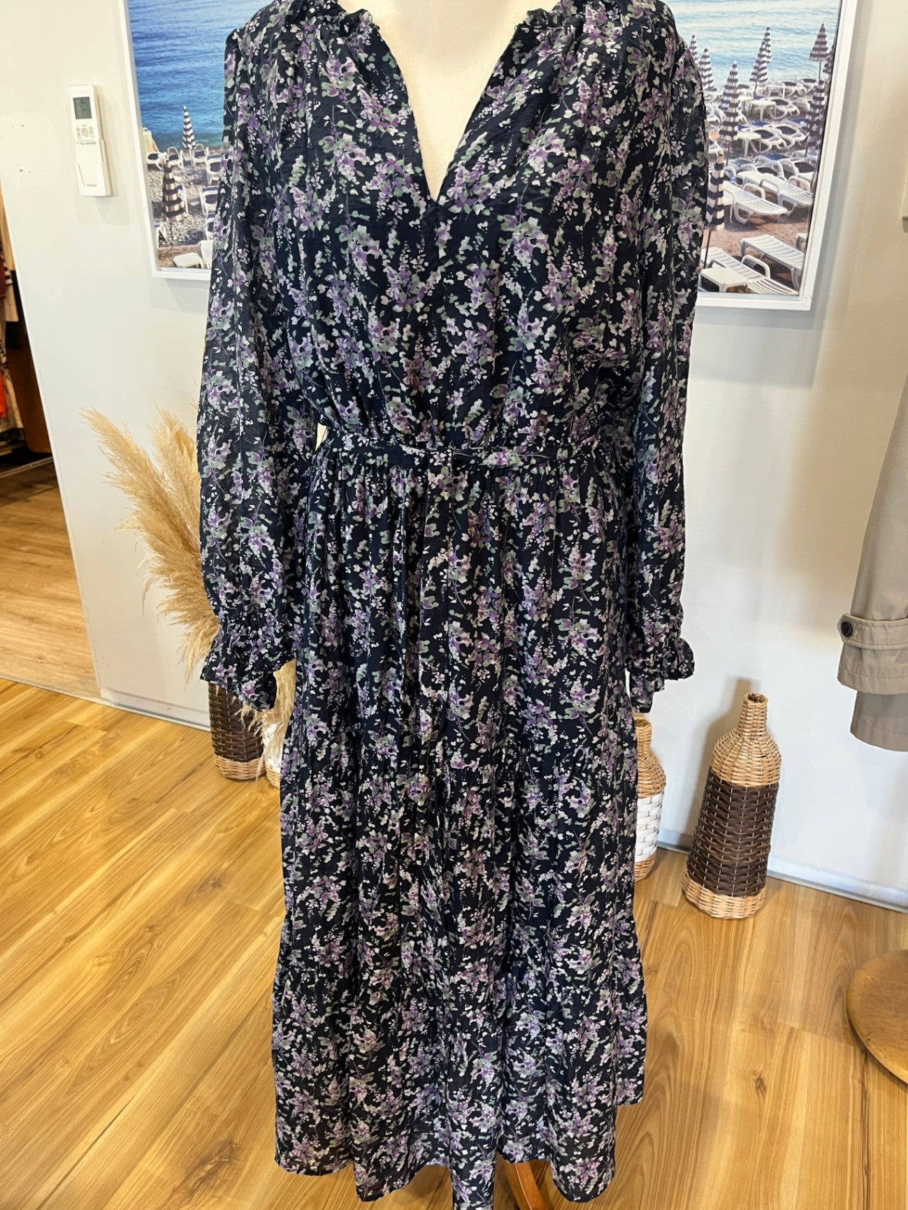 Seeking Lola Boho Maxi Dress — Blue & Purple Floral | Size 14 | Long Sleeve, Tiered Style & Tie Belt