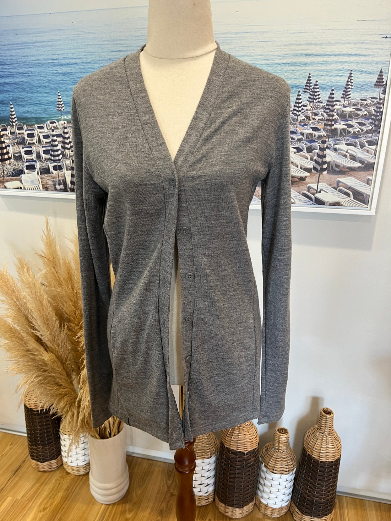 Macpac Grey Cardigan — Size 10 | 100% Merino Wool