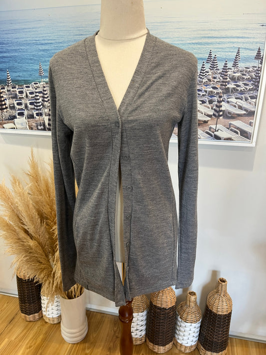 Macpac Grey Cardigan — Size 10 | 100% Merino Wool