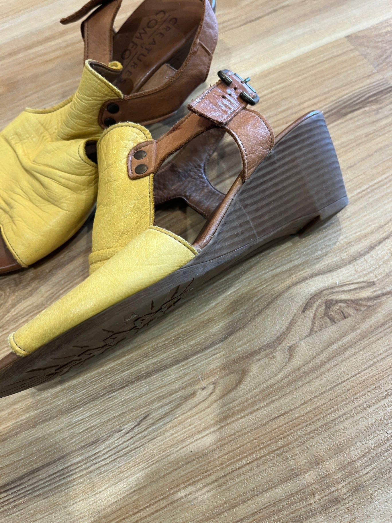 Creatures of Comfort Yellow/Tan Sandals – Adjustable Buckle Strap, Size 38