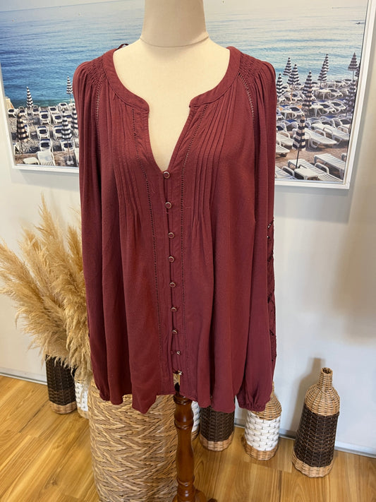 Just Jeans Muted Burgundy Boho Blouse – Size 14 | Effortless & Stylish