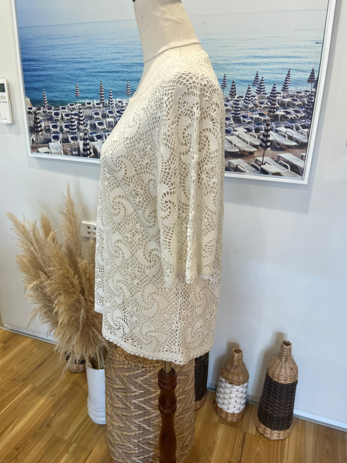 Cream Crochet-Style Round Neck Top – M/L