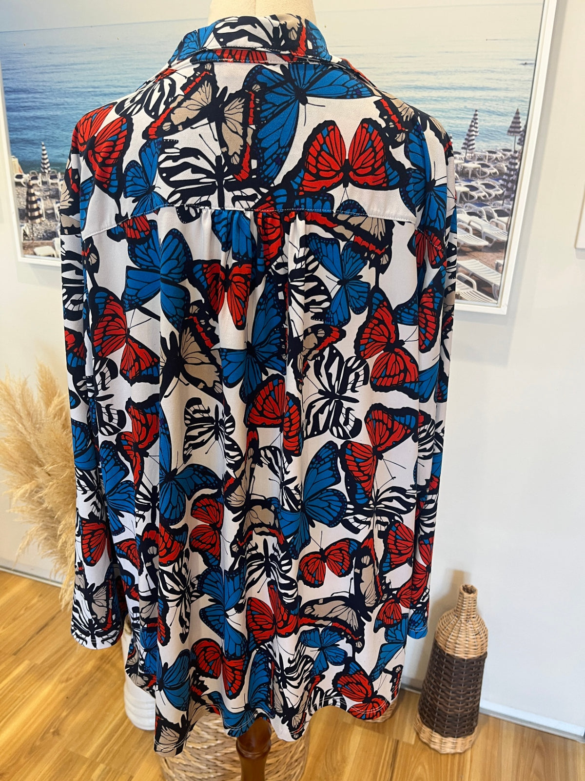 BIB Tunic Shirt Multicolor Butterfly Print Collared  – XL