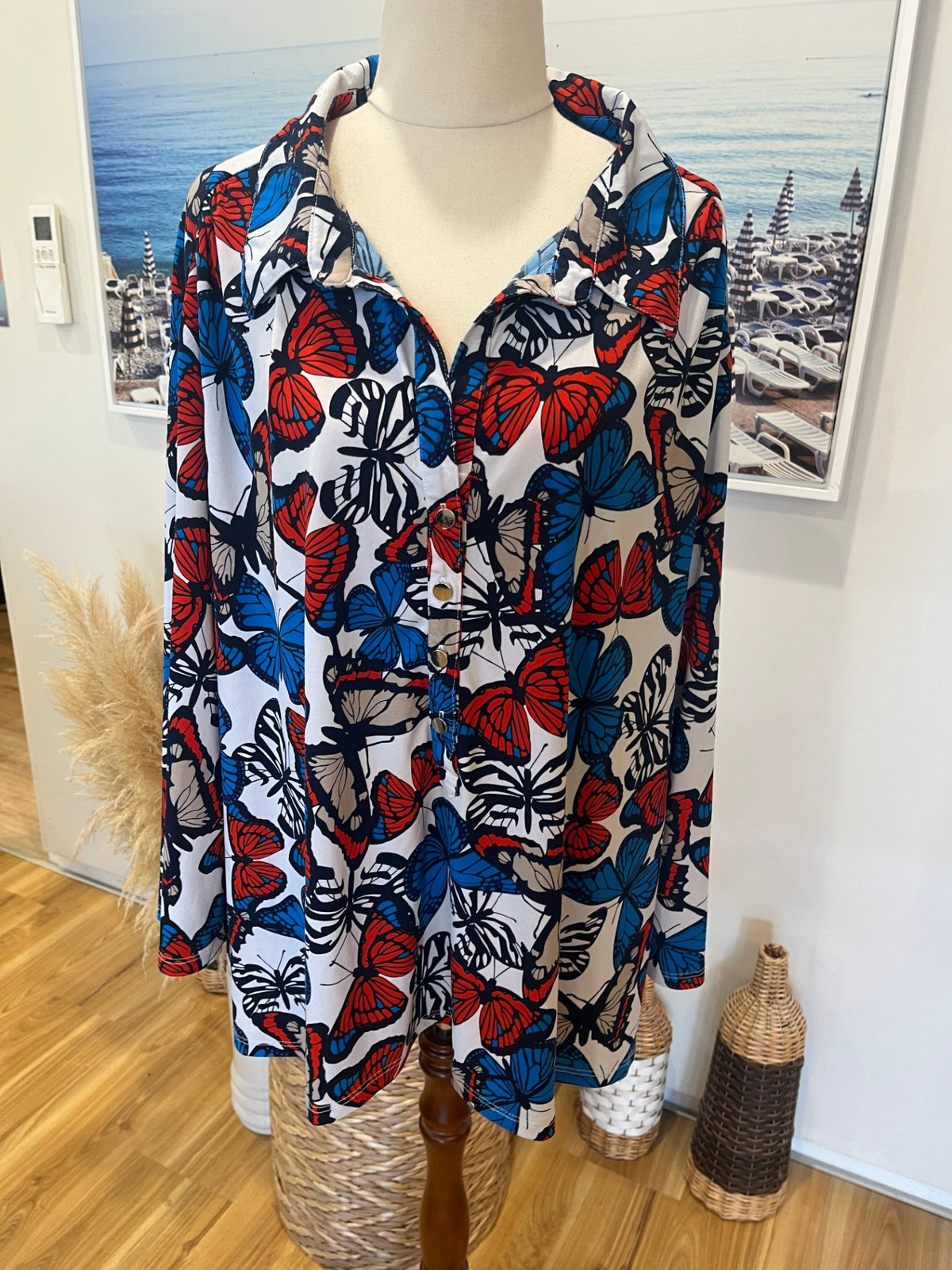 BIB Tunic Shirt Multicolor Butterfly Print Collared  – XL
