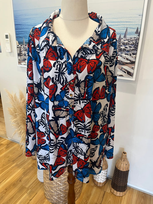 BIB Tunic Shirt Multicolor Butterfly Print Collared  – XL