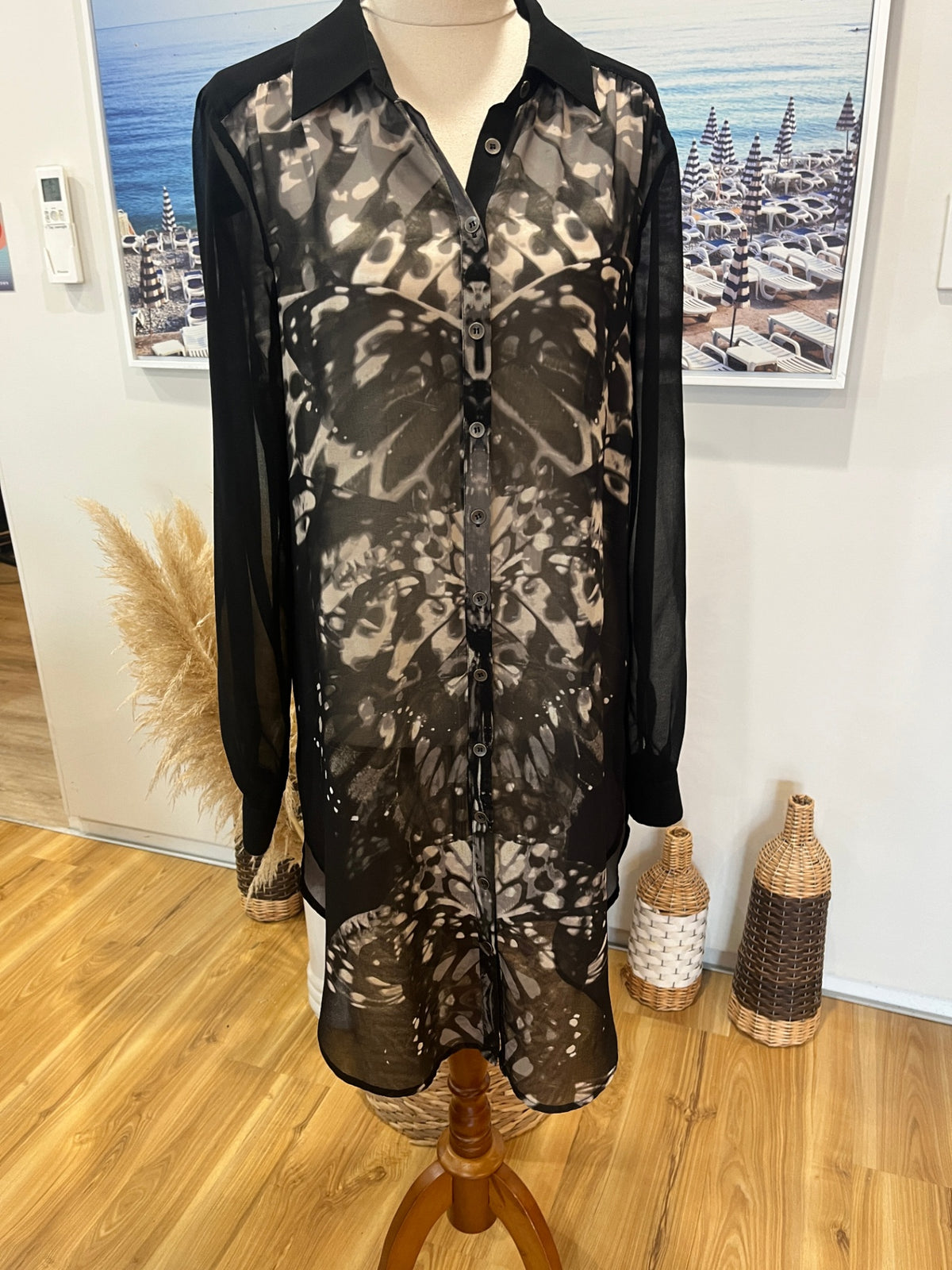 Mint Velvet Sheer Watercolour Longline Black Shirt – Size 12