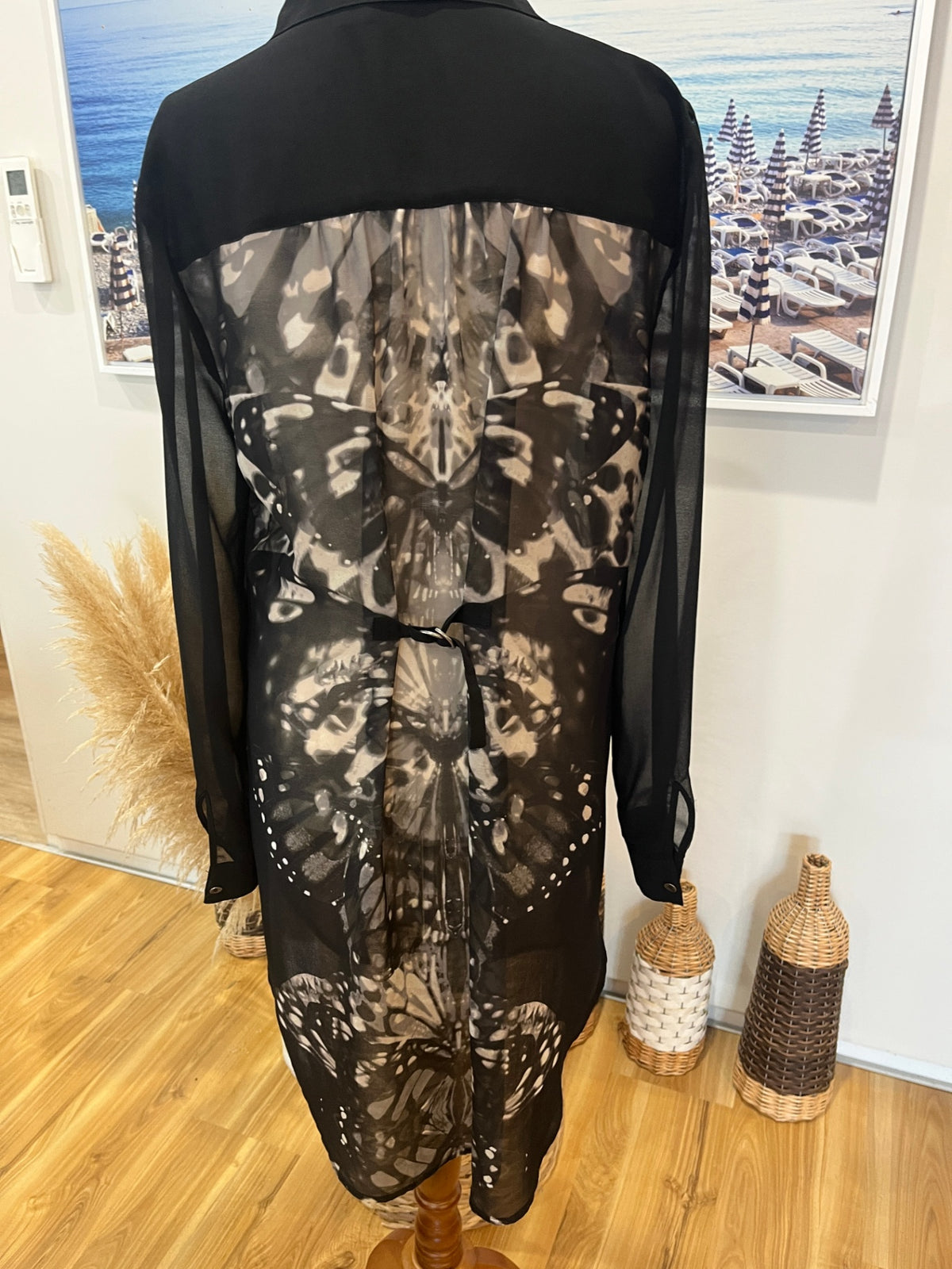 Mint Velvet Sheer Watercolour Longline Black Shirt – Size 12