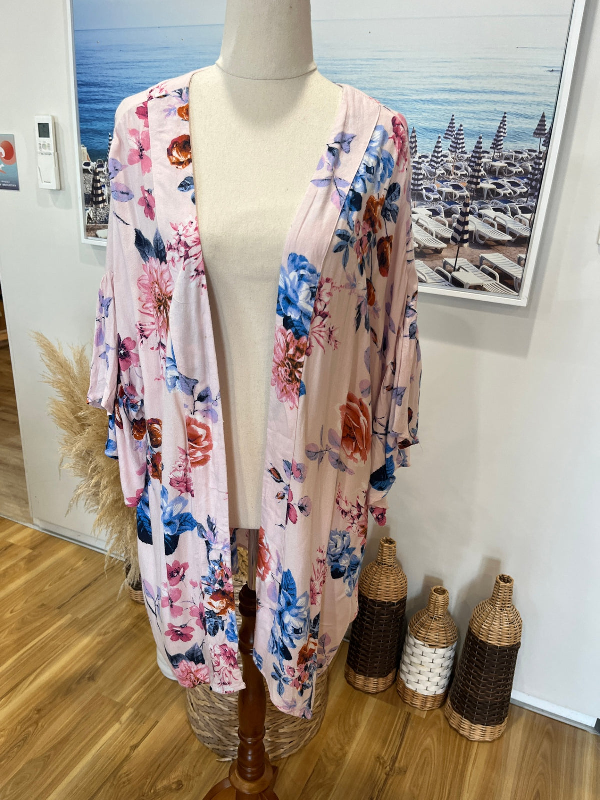 Boho Australia Pink Floral Kaftan – S/M | Blue Flower Print