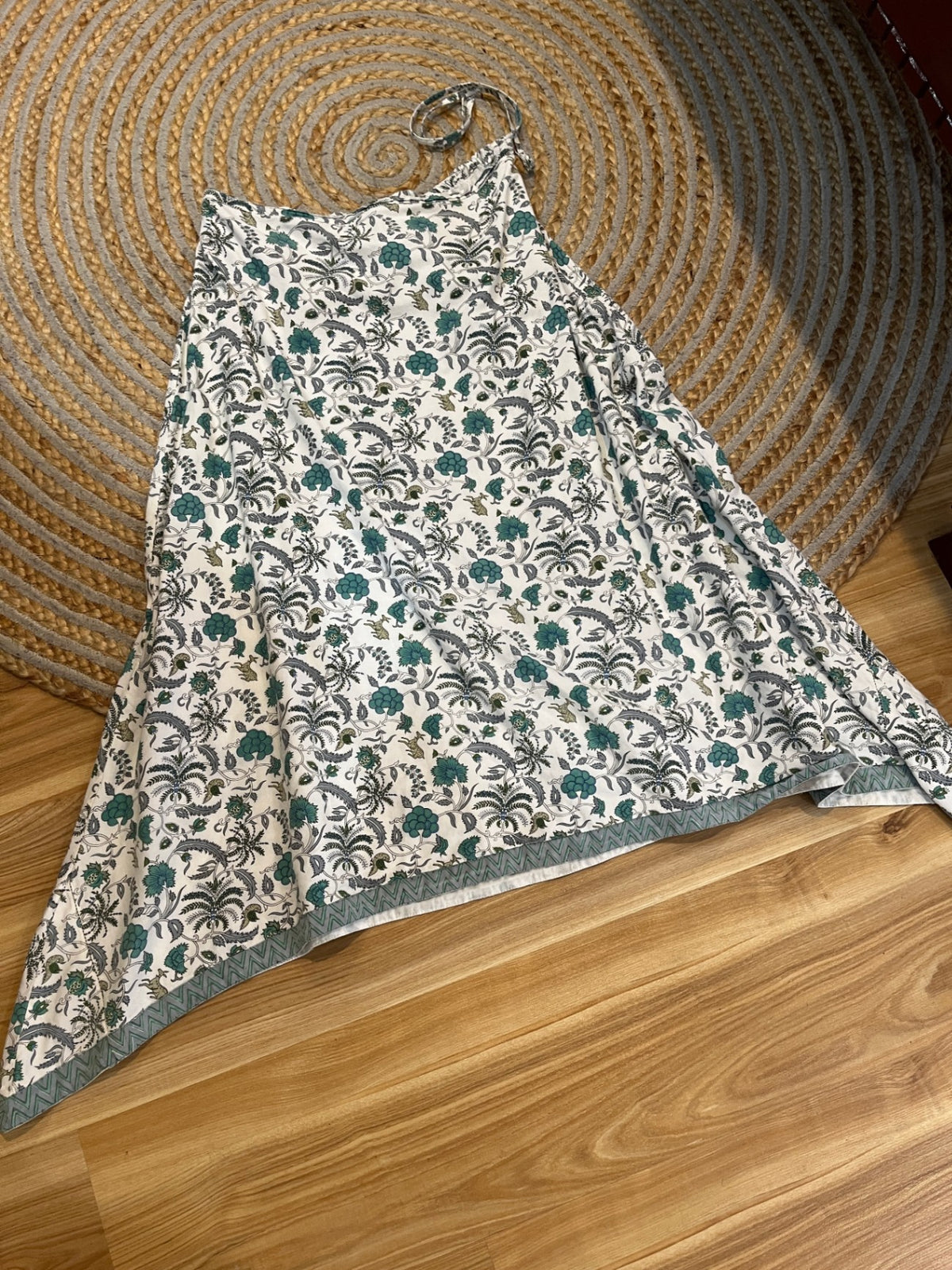EKO Floral A-Line Skirt – White & Teal Boho Print | Size Large | Made in India