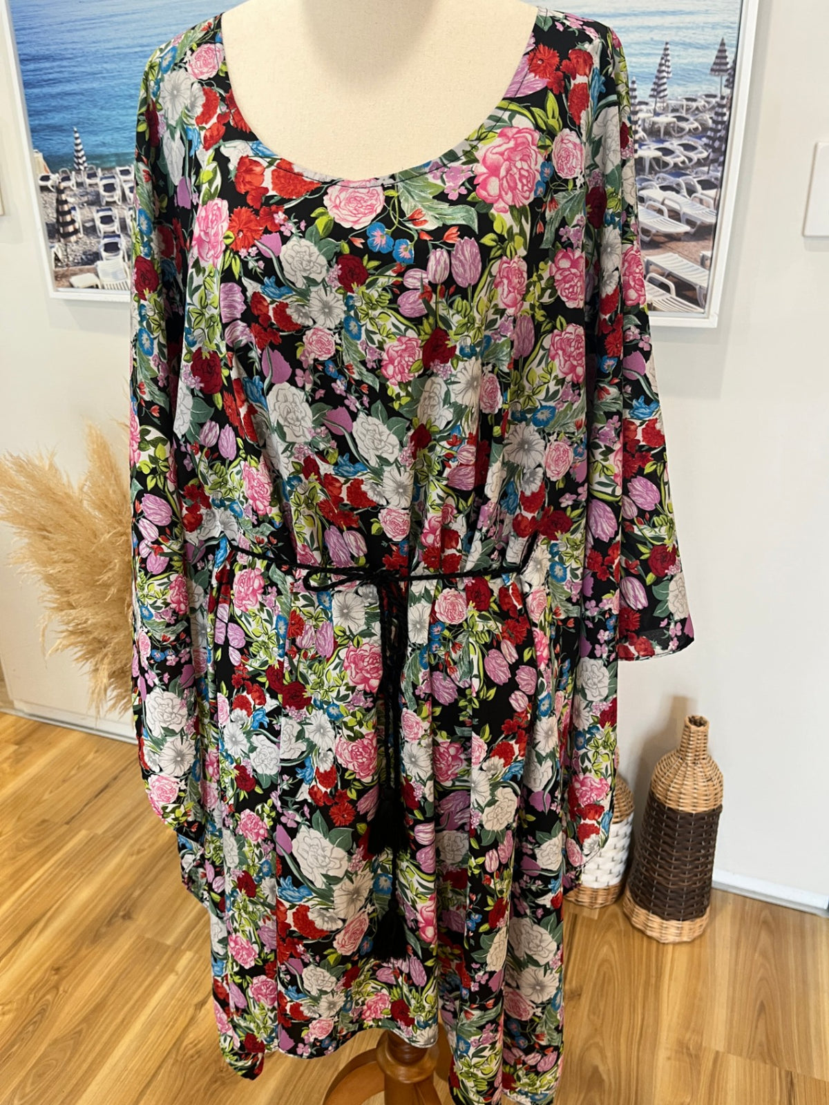 Augustine Black Floral Square Neck Dress – Tie Waist | Size Small