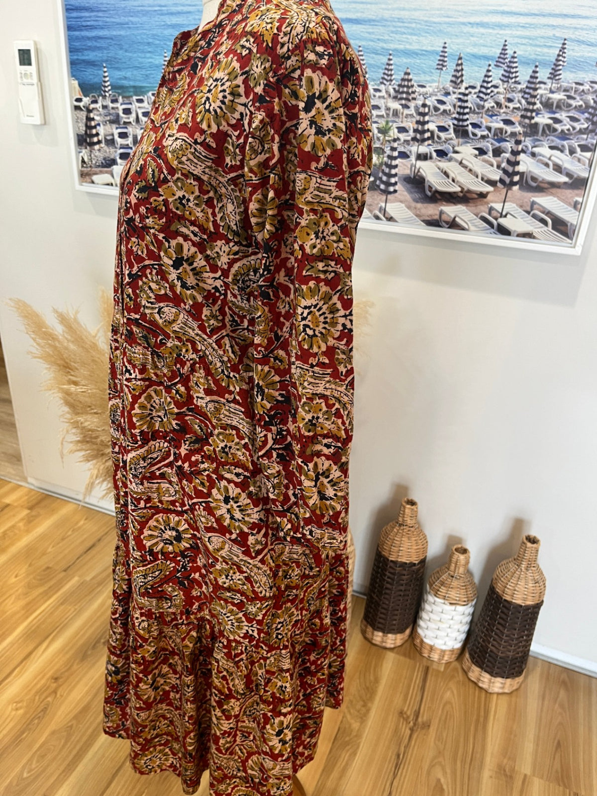 Karma East Tiered Floral Dress – Tan Boho ¾ Sleeve Knee Length | Small